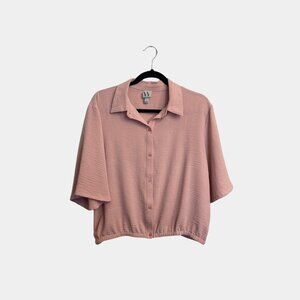 Worthington Light Pink Short Sleeve Button-Up Blouse with Gathered Waist –Size L
